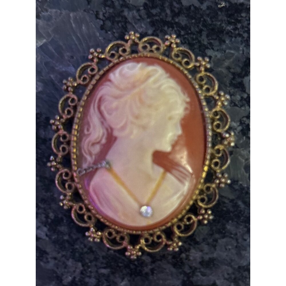 Vintage Cameo Brooch Rhinestone Victorian Style Lady Profile Gold-Tone Filigree